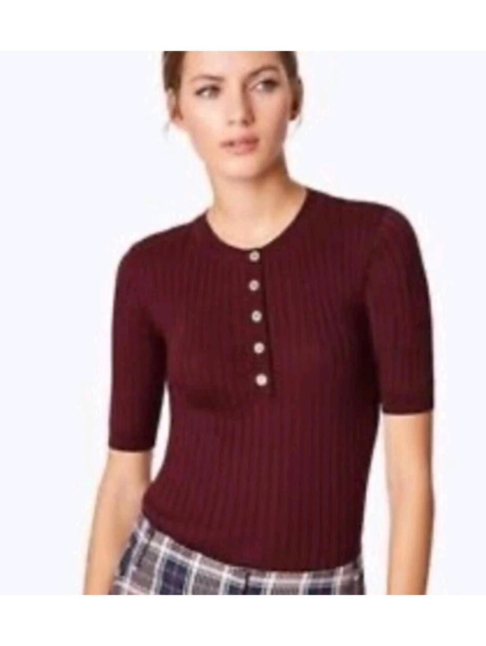 Tory Burch Luisa Short Sleeve Rib Sweater Burgundy Sz. M Stretch